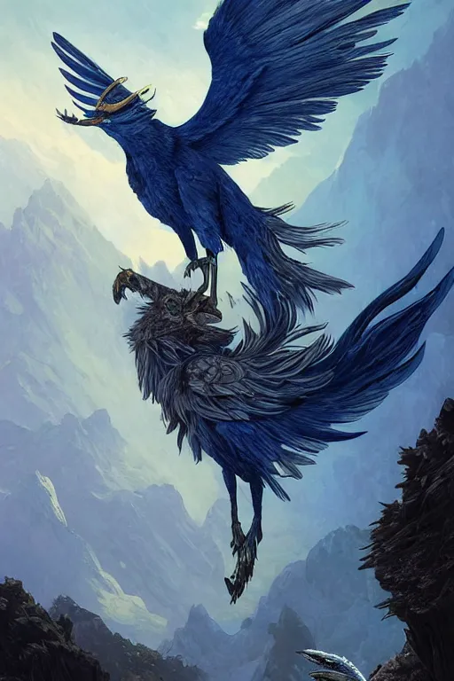 Image similar to blue feathered wolf with wings on a beautiful fantasy landscape, hills, mountains, moonlit, hd, illustration, epic, d & d, fantasy, intricate, elegant, highly detailed, digital painting, artstation, concept art, smooth, sharp focus, illustration, wallpaper, art by artgerm and greg rutkowski and alphonse mucha and jin xiaodi