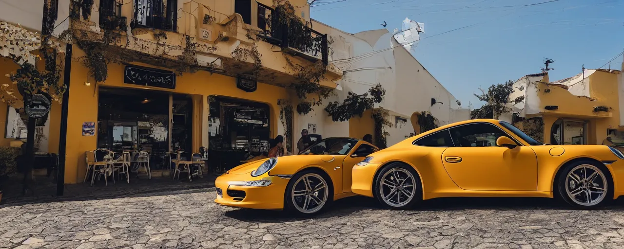Image similar to Photo of a copper yellow Porsche 911 Carrera 3.2 parked in front of a cafe in Cyprus, daylight, dramatic lighting, award winning, highly detailed