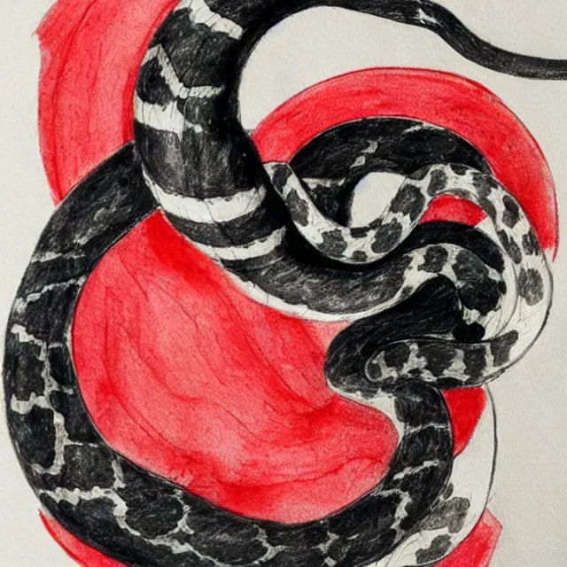 Image similar to concept art by michelangelo, pencil and watercolor. a japanese mask representing a snake, black and white with red accents