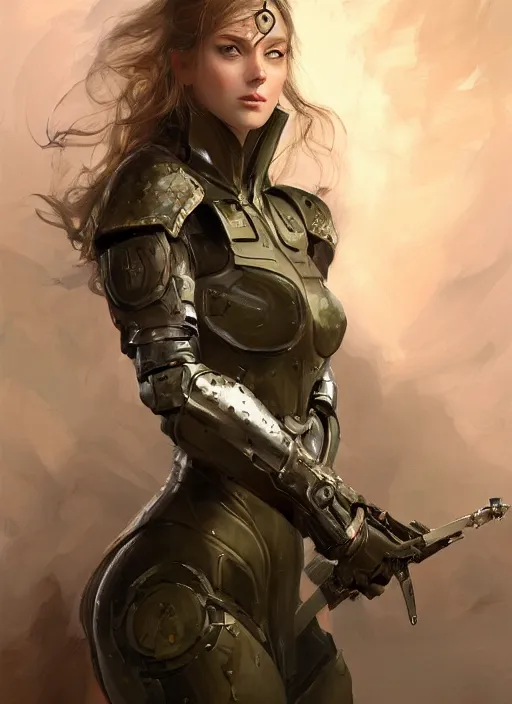 Image similar to a professional painting of a beautiful young female, clothed in military armor, olive skin, long dark hair, beautiful bone structure, symmetrical facial features, intricate, elegant, digital painting, concept art, smooth, sharp focus, illustration, from Metal Gear, by Ruan Jia and Mandy Jurgens and Artgerm and William-Adolphe Bouguerea