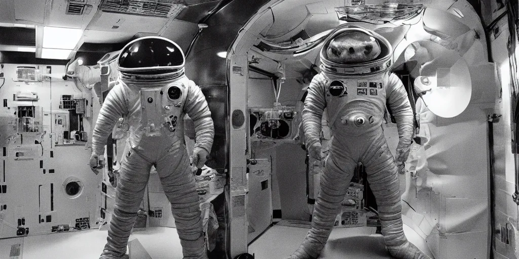 Image similar to A lizardman wearing a space suit, standing in the middle of the interior of a 70s space station