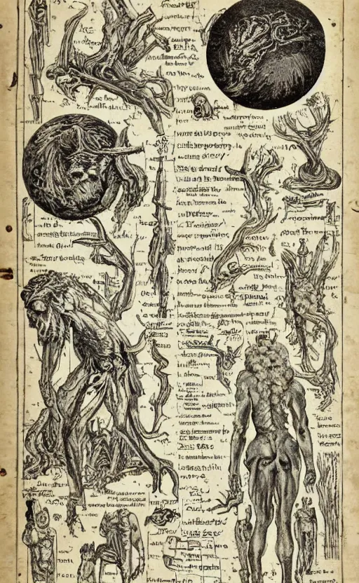 Image similar to hyper detailed antique occult instructions, eldritch, anatomy, pagan god