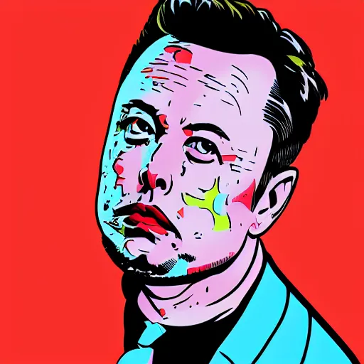 Prompt: portrait pop art comic illustration ofElon Musk, profile view, bright colors, high detail, angry, sullen