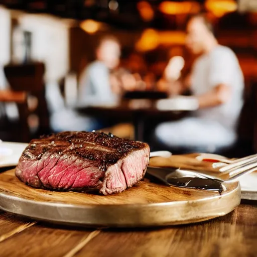 Prompt: photo of cow eating steak at an italian restaurant, 5 0 mm, beautiful photo