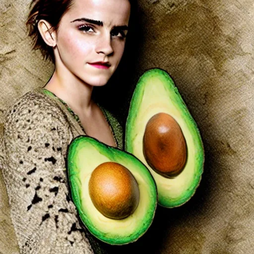 Image similar to photograph of emma watson with avocado skin, anthropomorphic