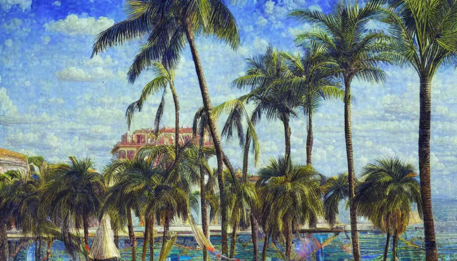 Image similar to a ultradetailed beautiful painting of the amazonas palace balustrade designed by jules bastien - lepage, tarsila do amaral, frank weston and gustave baumann, beach, trending on artstation, mediterranean, palm trees, sharp focus, colorful refracted sparkles and lines, soft light, 8 k 4 k