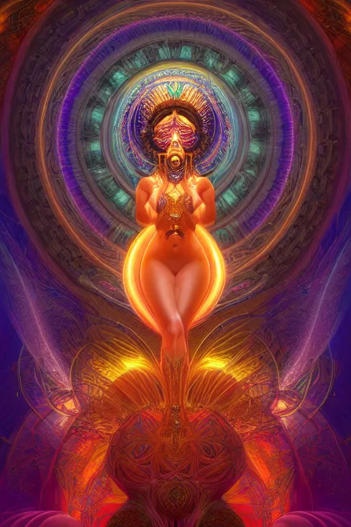 Image similar to a centered render of an alluring goddess wearing a psychedelic mask surrounded by a glorious sacred energy made from geometry and spiral mandel bulb fractals, powerful, cinematic, beautifully lit, by artgerm, by karol bak, 3 d, trending on artstation, octane render, 8 k