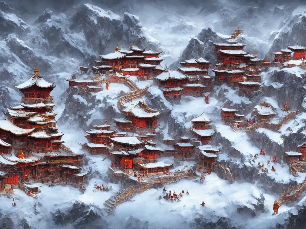 Prompt: shaolin monastery on snowy mountain, rope ladder everywhere, trending on artstation, by frank frazetta, concept art, digital art, cool color palette, 8 k, sad, incandescent, cinematic lighting, ray tracing ambient occlusion, in a symbolic and meaningful style, insanely detailed and intricate, hypermaximalist, elegant, ornate, hyper realistic, super detailed