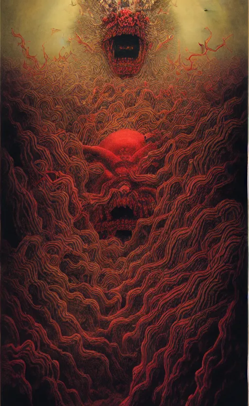 Image similar to zhongyuan festival, chinese ghost festival, king of hell, inside page of comic book, psychedelic lights and fog, in the style of zdzislaw beksinski, ayami kojima, takato yamamoto, barclay shaw, karol bak, glowing light and shadow, hyperrealist