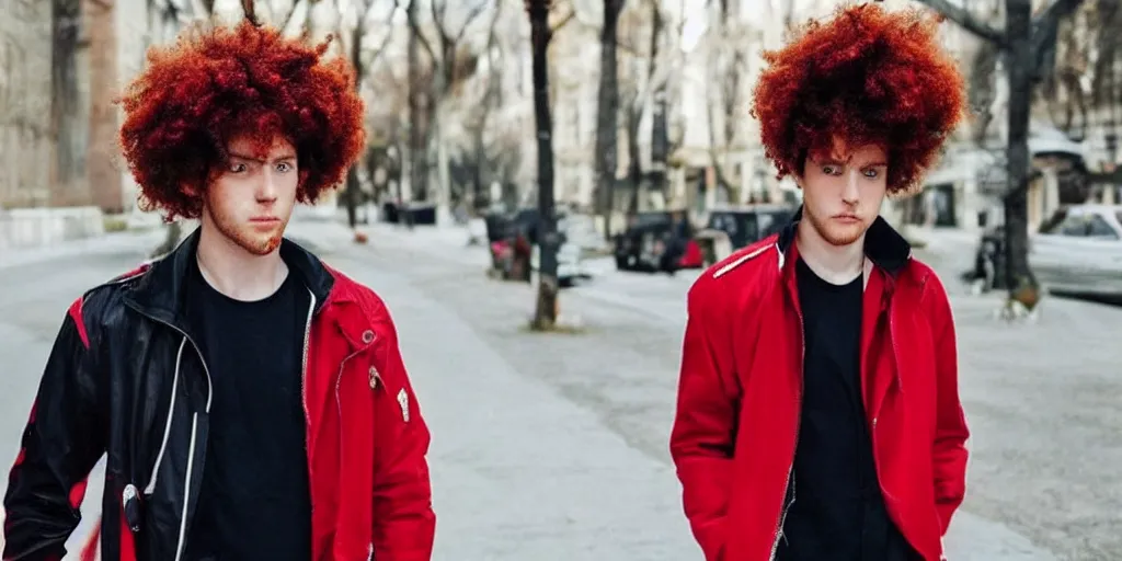 Image similar to man, man, man, man, red hair, black jacket, curly hair, fullbody, Caucasian, short hair,