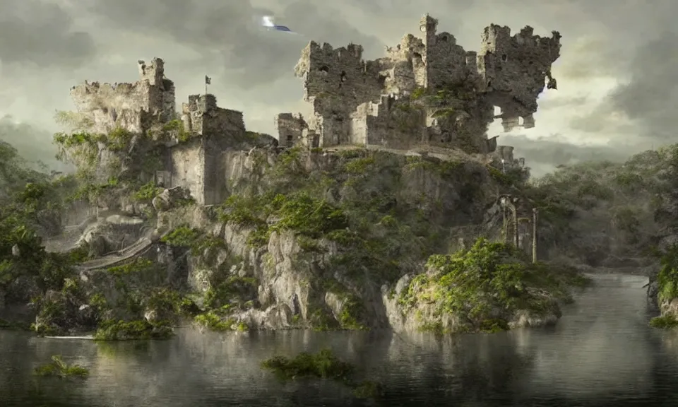 Image similar to a floating island in the stratosphere with the ruins of a small castle and a single suspension bridge leading to it, stunning digital illustration, by james gurney, cinematic lighting, very detailed, mystical, beautiful and mysterious