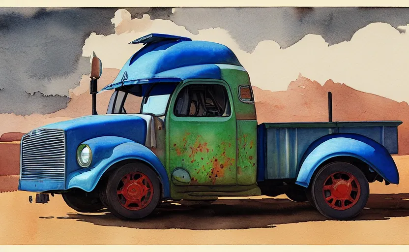 Prompt: truck, colorful watercolor. by rembrant, battle angel alita, ralph mcquarrie, aluminum, 1 6 6 7