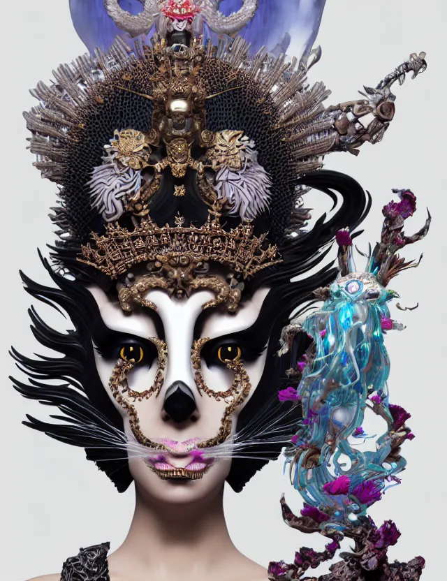 Image similar to 3 d goddess close - up profile portrait with crown, ram skull. beautiful intricately detailed punk japanese crow kitsune mask and clasical japanese kimono. betta fish, jellyfish phoenix, bio - luminescent, plasma, ice, water, wind, creature, artwork by tooth wu and wlop and beeple and greg rutkowski