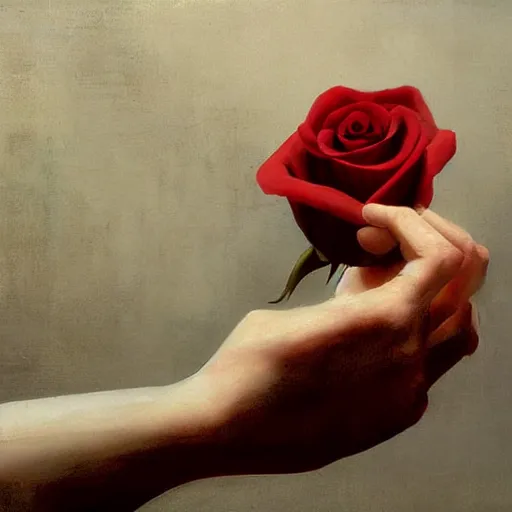 Image similar to hyperrealistic hand holding a red rose by ruan jia and greg rutkowski