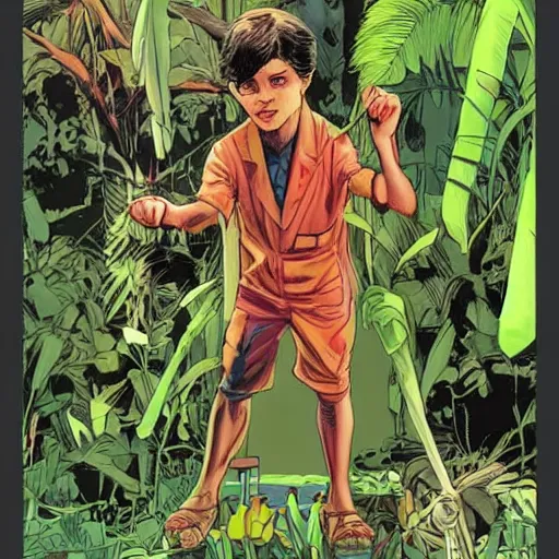 Image similar to Sergio Bleda and Jérémy Petiqueux and Alex Maleev artwork of a boy super scientist in a retro jungle explorer costume