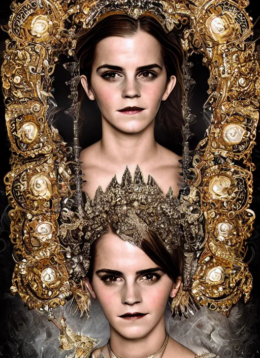 Image similar to expressive full body photo of a emma watson, ornate headpiece made from knives, ornaments, glamour shot, by karol bak, by stefan gesell, photorealistic, canon r 3, fashion photography, hyper maximalist, elegant, ornate, luxury, elite, environmental portrait, symmetrical features, octane render, unreal engine, solid dark grey background, dramatic lights