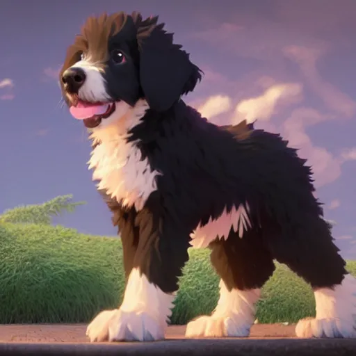 Image similar to a wholesome animation key shot of a black bernedoodle puppy, studio ghibli, sharp, rendered in unreal engine 5, anime key art by greg rutkowski, bloom, dramatic lighting