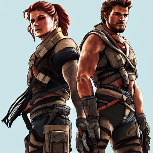Prompt: solid snake and aloy standing back to back, posing, medium shot, natural lighting, digital art, illustration, highly detailed, by john kirby