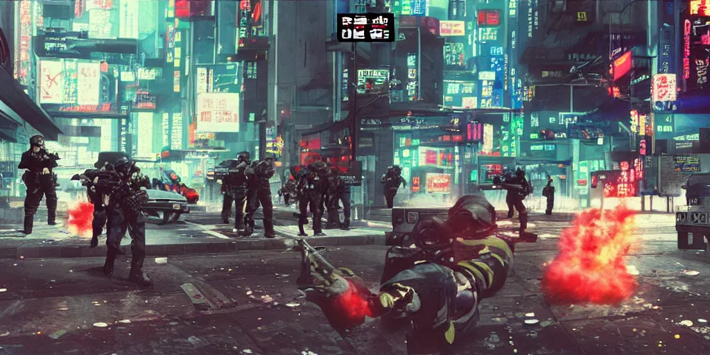 Image similar to 1990 Video Game Screenshot, Anime Neo-tokyo Cyborg bank robbers vs police, Set in Cyberpunk Bank Lobby, bags of money, Multiplayer set-piece :9, Police officers hit by bullets, Police Calling for back up, Bullet Holes and Blood Splatter, :6 ,Hostages, Smoke Grenades, Riot Shields, Large Caliber Sniper Fire, Chaos, Cyberpunk, Money, Anime Bullet VFX, Machine Gun Fire, Violent Gun Action, Shootout, Escape From Tarkov, Intruder, Payday 2, Highly Detailed, 8k :7 by Katsuhiro Otomo + Sanaril : 8