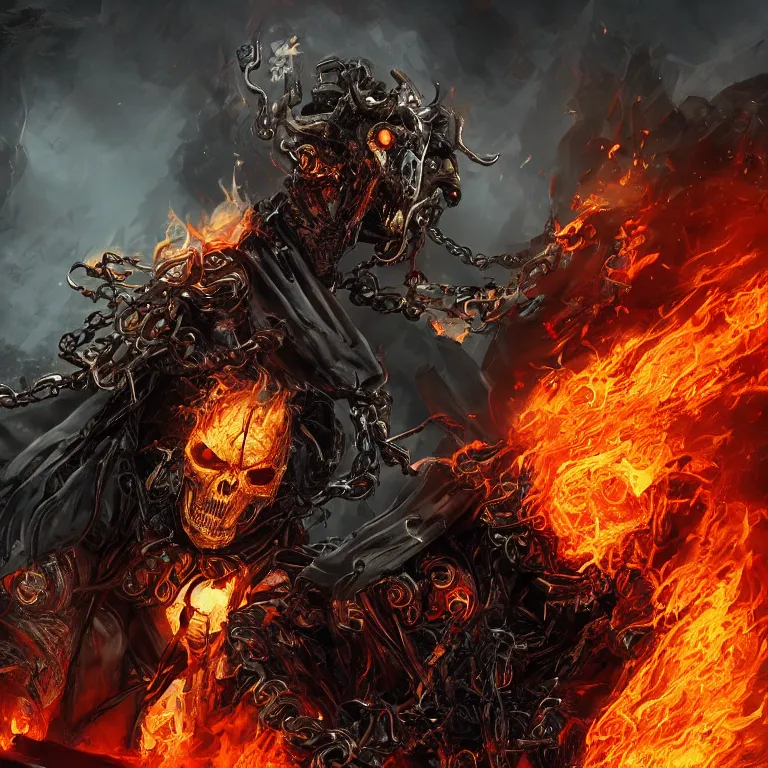 Prompt: Ghost Rider wearing a leather coat and chains, flaming grim reaper, demons of hell, the pits of hell, headshot photo, character concept, dark souls concept art, Feng Zhu concept art, dramatic lighting, highly stylized, trending on artstation, high-quality wallpaper, desktopography