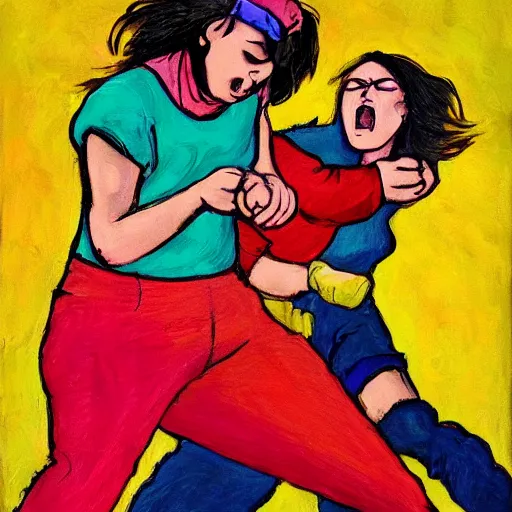 Image similar to angry women fight each other, vivid colors, high detail,