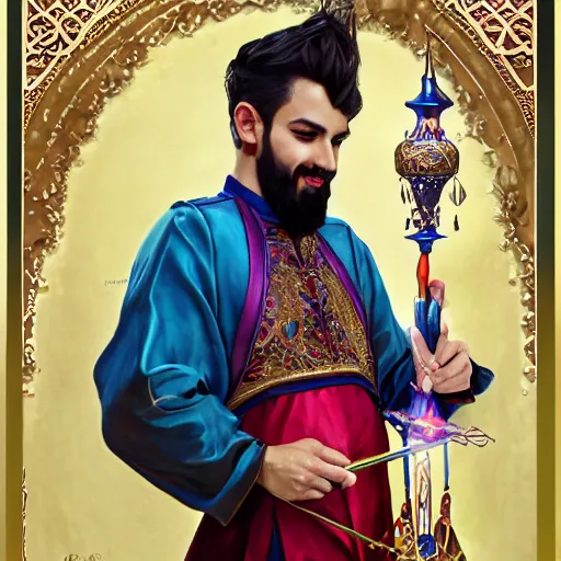 Image similar to photography of charming tailor of middle - eastern descent, dressed in fine colorful robes and jewelry over fantasy armor, goatee, smirking, holding a magic needle, fantasy art by barret frymire by artem priakhin, art by artgerm and greg rutkowski and alphonse mucha, artstation, matte, illustration, intricate, highly - detailed high resolution