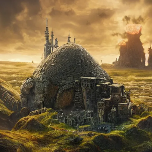 Prompt: large fantasy castle rising from the top of a giant tortoise, towering over a harsh barren sandy wasteland, distant shot angled slightly up, fantasy, hyper detailed, 4 k, howls moving castle, mortal engines, kaiju,