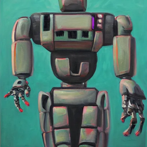 Prompt: half robot half dinosaur, oil painting