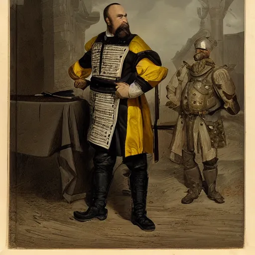 Image similar to Portrait of frustrated and acerbic male Imperial sergeant with a short beard wearing a {black and yellow tabard} over a steel breastplate and a black gambeson with his hands planted on a table with a war theater map, by Greg Rutkowski, {perfect face}, {perfect eyes}, {perfect body}, {hands planted on war table while standing}, fantasy