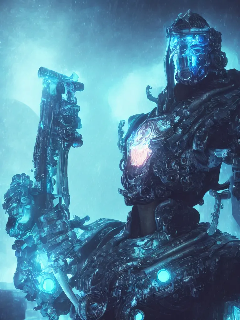 Image similar to cyberpunk lich king by gleb alexandrov and beeple, octane render, trending on artstation