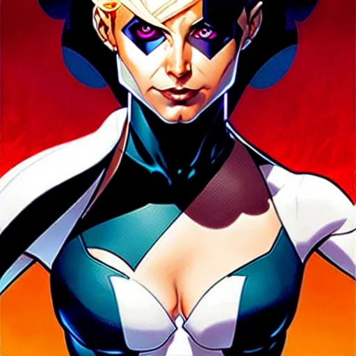 Image similar to artgerm, joshua middleton comic cover art, pretty domino character marvel comics sarah michelle gellar, place white skin, asymmetrical black spot covering left eye only, no spot right eye white around right eye