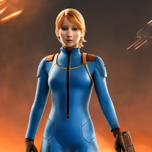 Prompt: high resolution photo of jennifer lawrence as samus aran wearing her zero suit, 4 k, award winning photography.