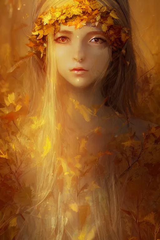 Image similar to The goddess of autumn harvest, tranquility, beautiful face, long hair, wearing wheat yellow gauze, comic style, virtual engine, 3D, sense of atmosphere, goddess, by wlop