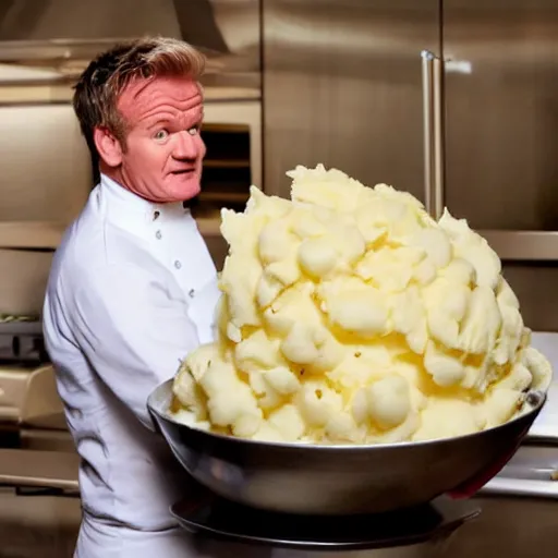 Image similar to < photo hd trending > gordon ramsey yells at an incredibly oversized plate of mashed potatos < photo >