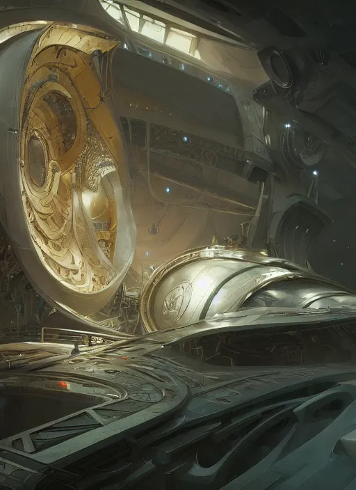 Image similar to epic concept illustration, highly detailed, intricate mechanical design, hard science concept art, star fleet nautilus ship being prepared for launch, by greg rutkowski and alphonse mucha. uhd, cinematic lighting, amazing depth, cinematography by 2 0 1 7