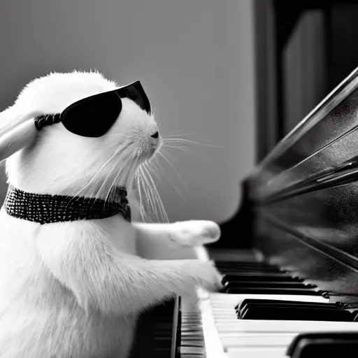 Prompt: a blind rabbit with sunglasses plays the piano in the style of ray charles. award winning photography, 5 0 mm. carrots and lettuce in the background