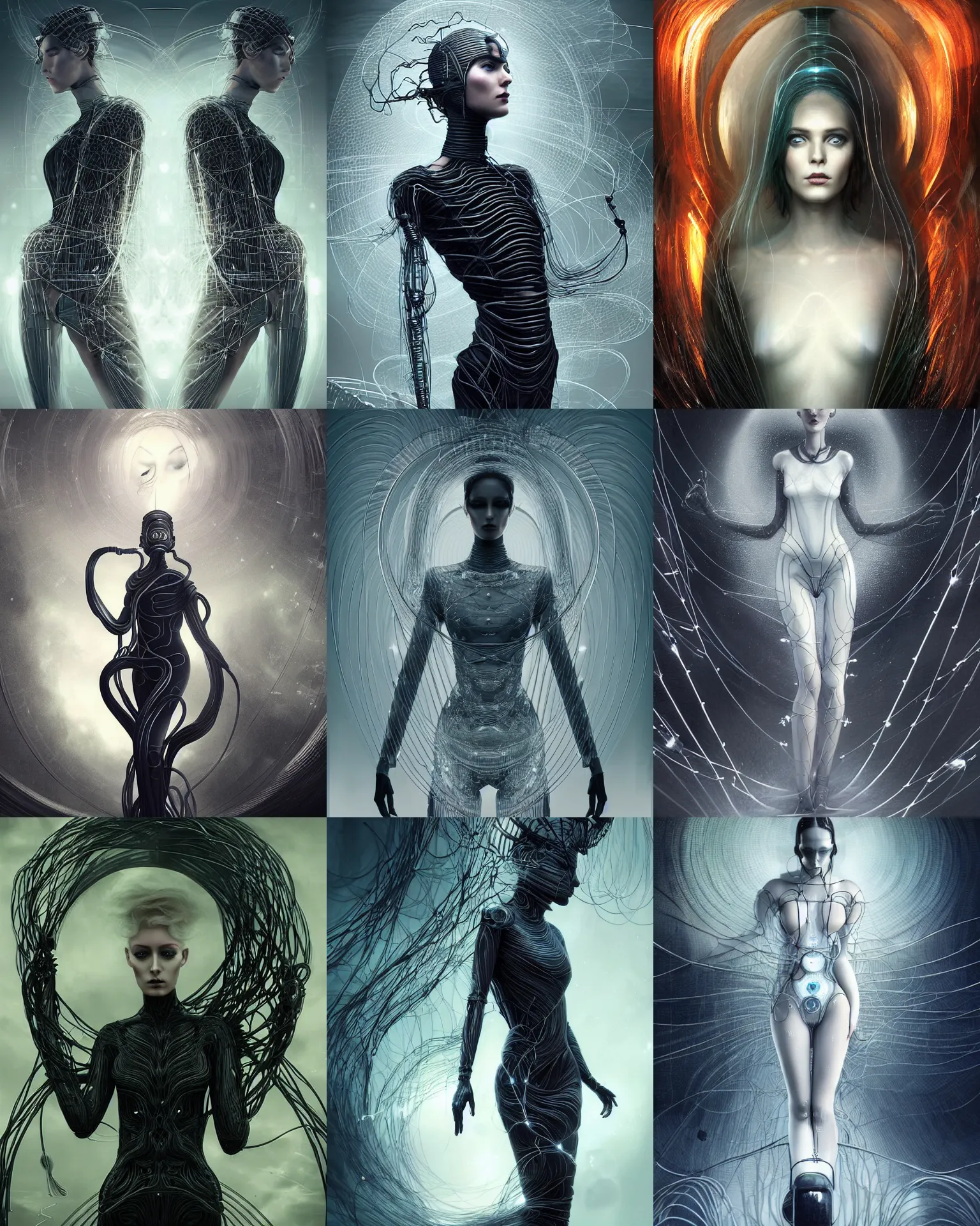 Prompt: charlie bowater and tom bagshaw symmetrical full body character portrait of the borg queen of sentient parasitic flowing ai, floating in a powerful zen state, avant garde supermodel, beautiful and ominous, wearing bodysuit made of wires and fractal ceramic, machinery enveloping nature in the background, artstation scifi character digital concept, unreal engine, hyper realism, sharp focus