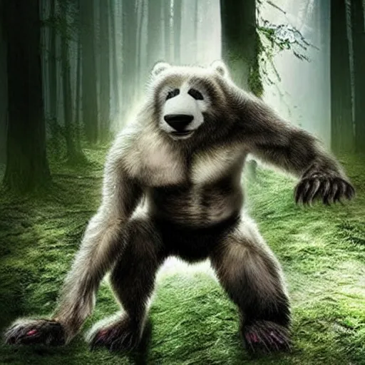 Image similar to photo of a human partially transforming into a werewolf that looks like a panda, in the moonlit forest. physiological transformation ; hybrid creature. highly - detailed ; photorealistic.