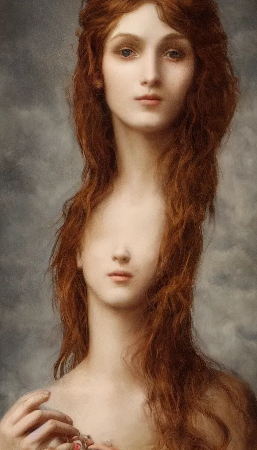 Image similar to An extremely beautiful pre-raphaelite ornate portrait of a young attractive woman with a beautiful bone structure, professionally painted digital art illustration, smooth, sharp focus, atmospheric lighting, highly detailed illustration highlights, golden ratio, extremely detailed winning award masterpiece, 8K post-processing