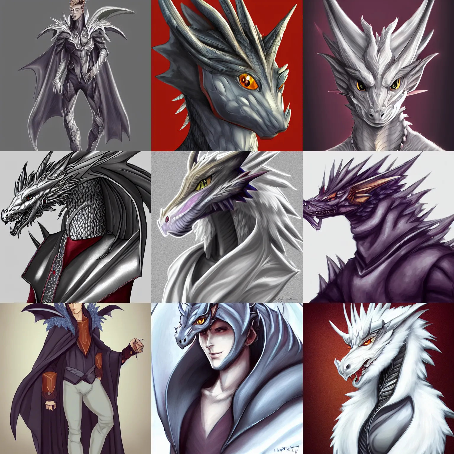 Image similar to very very beautiful half body side angle portrait of a handsome young anthropomorphic silver dragon, soft draconic features, cute eyes, wearing a luxurious silk cloak, commission on furaffinity, artstation, high quality digital art, warm colors