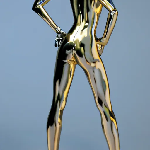 Prompt: chrome woman by hajime sorayama, 4 k, 3 d render, golden hour