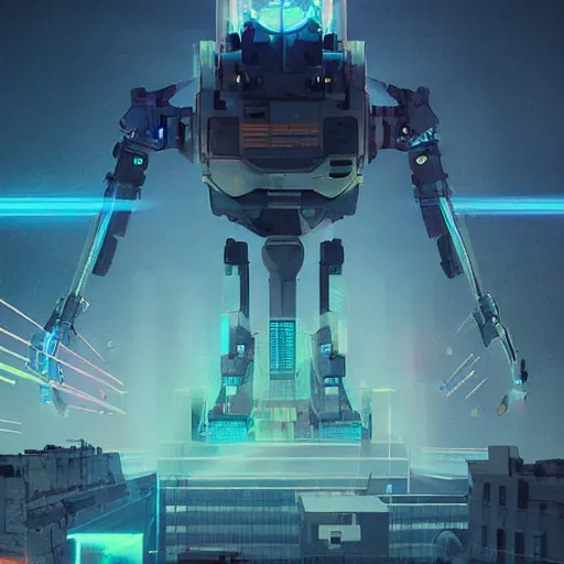 Prompt: giant robot head shooting lasers from his eyes, destroyed city, futuristic, by beeple, digital art