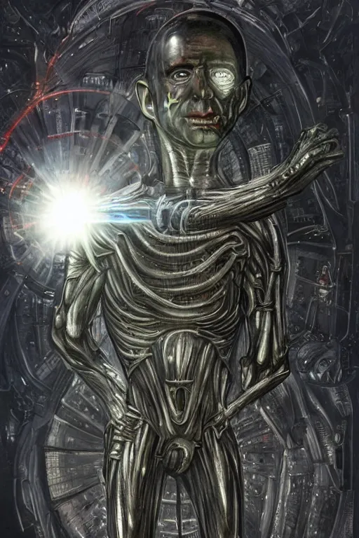 Image similar to jeff bezos as a filthy alien invader with a laser weapon, photorealistic, cinematic lighting, highly detailed, very intricate, by hr giger