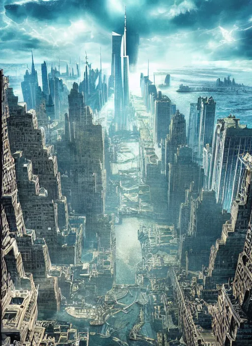 Prompt: apocalyptic new York colleding into utopia atlantis, movie poster