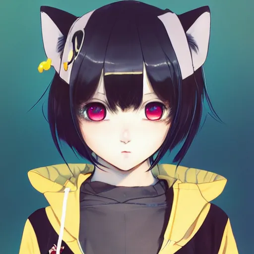 Prompt: a beautiful anime cyborg - girl with yellow eyes wearing a cat hoodie, wlop, ilya kuvshinov, artgerm, krenz cushart, greg rutkowski, hiroaki samura, range murata, james jean, katsuhiro otomo, erik jones, serov, surikov, vasnetsov, repin, kramskoi