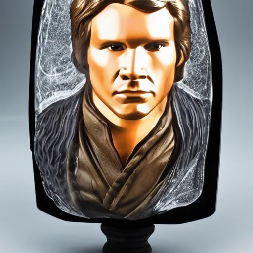 Prompt: A three-dimensional blown glass portrait of Han Solo