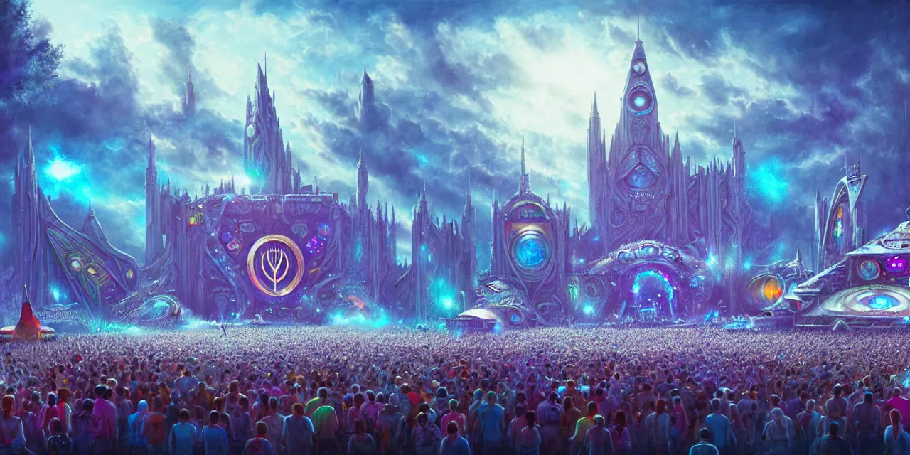 Image similar to tomorrowland, hyper - realistic illustration of a knight, in a sci - fi music festival, digital painting, sharp focus