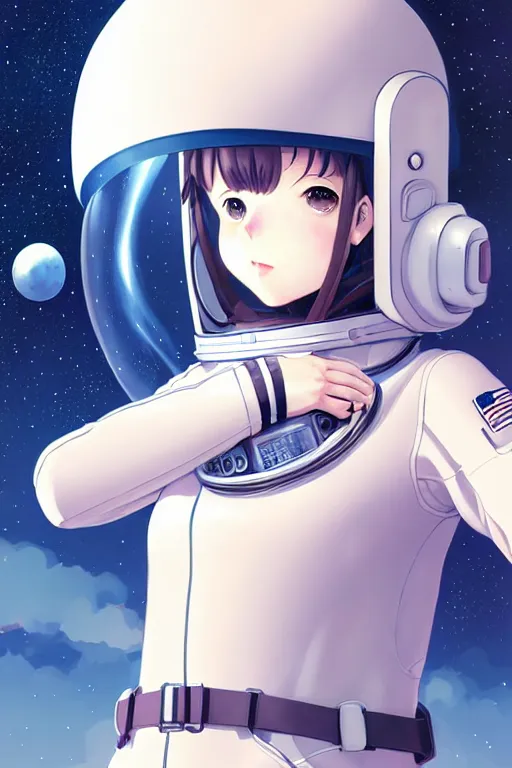 Prompt: portrait of a girl with astronaut helmets by range murata, cloudy sky the milky way background lush landscape ln illustration concept art anime key visual trending range murata