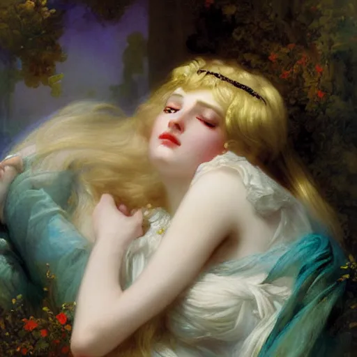 Image similar to blonde beautiful sleeping princess by Franz Xaver Winterhalter and Delphin Enjolras and Rebecca Guay