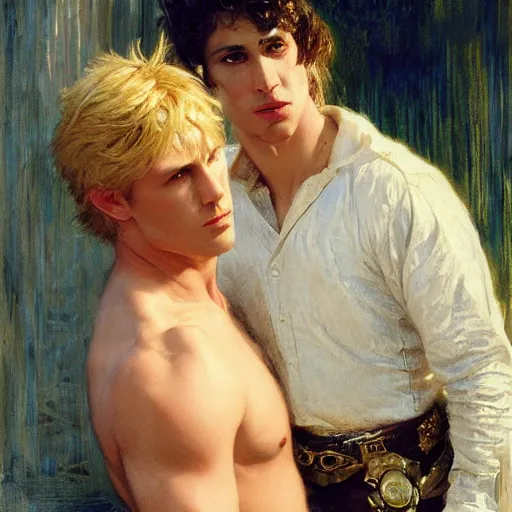 Image similar to attractive male, arthur pendragon who has blond hair confesses his love to attractive male, merlin who has dark hair. highly detailed painting by gaston bussiere, craig mullins, j. c. leyendecker 8 k